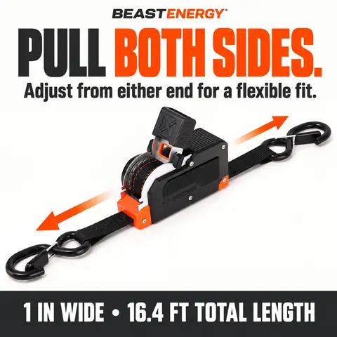 BEASTENERGY Dual-End Retractable Ratchet Straps - Heavy Duty Adjustable Ropes, 1in x 16.4ft Durable Polyester Webbing, 1650LB Tie Downs with Rubber S-Hooks, Fast Setup ATV/Boat Truck Accessories, Ideal Dad Gift