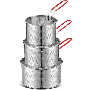 3 count Pasta Strainer 5.5" 6.3" 7.1" Metal Noodle Strainer with Long Removable Handle 304 Stainless Steel Deep Fryer Basket Pasta Noodle Basket Kitchen Colander for Washing Frying Boiling