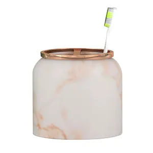 212 MAIN Misty Copper Stainless Steel Bathroom Toothbrush Holder - Modern Italian Marble Resin-Metal Mix Accessory Set with Ribbed Base, Nusteel MST4CH Bath Organizer