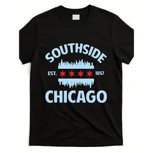 Chicago Flag Skyline T-Shirt for Men & Women - 220gsm Heavyweight Pure Cotton Retro Unisex Tee with South Side Chicago Design, Casual Wear or Souvenir Gift