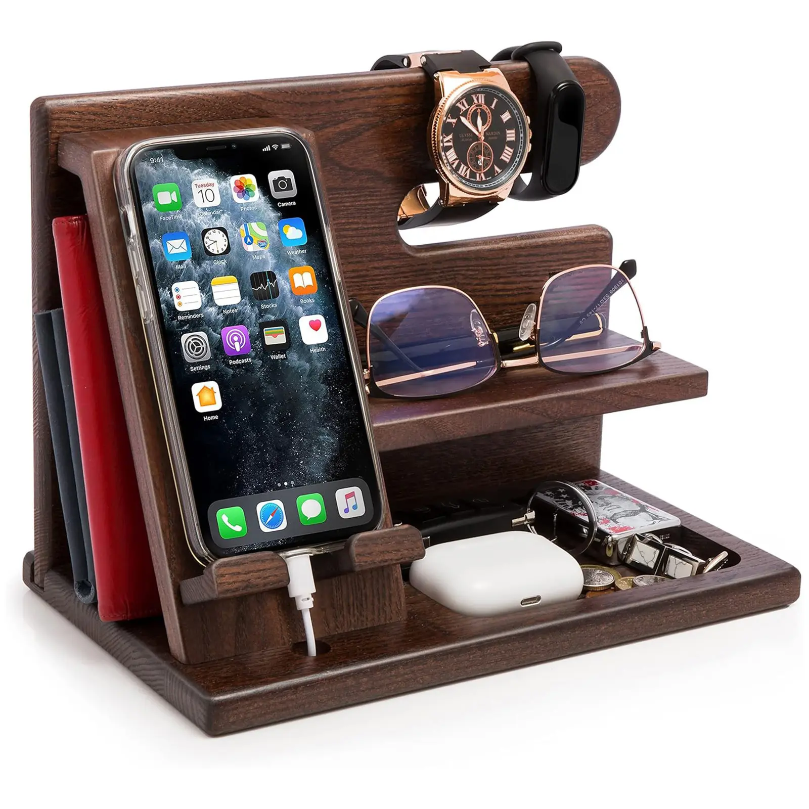 Wooden Phone Charging Stand, Multipurpose Phone Holder, Cell Phone Holder, Desktop or Bedside Storage Box Phone Caddy for Men, Birthday Gift for Husband, Father's Day Gift, Anniversary Present