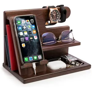 Wooden Phone Charging Stand, Multipurpose Phone Holder, Desktop or Bedside Storage Box for Men, Birthday Gift for Husband, Father's Day Gift, Anniversary Present