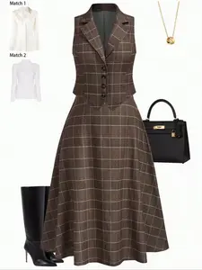 Plus Size Plaid Print Woven Vest and Skirt Set for Women, Fitted Casual Fall & Winter, Comfortable and Stylish Ladies Clothing