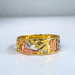 Tri Tone Gold Plated 18k Good Luck Owl Elephant Eye 7 Clover Buena Suerte Ring