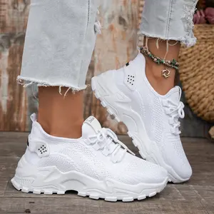 Trendy Women's Fashion Sneakers White Mesh Lace-Up Comfortable Cushioning Casual Shoes for Travel & Shopping