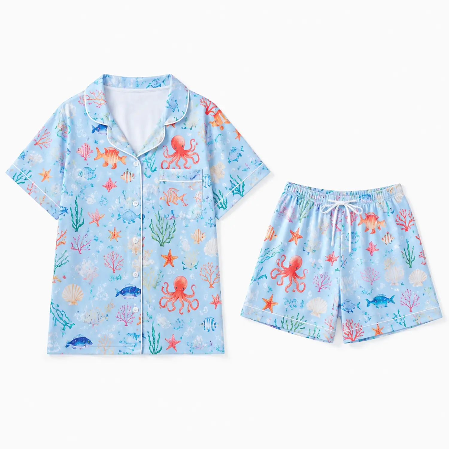 Light Blue Ocean Print Pajama Set with Short Sleeve Button Shirt and Drawstring Shorts Featuring Octopus Coral Starfish and Fish Motifs
