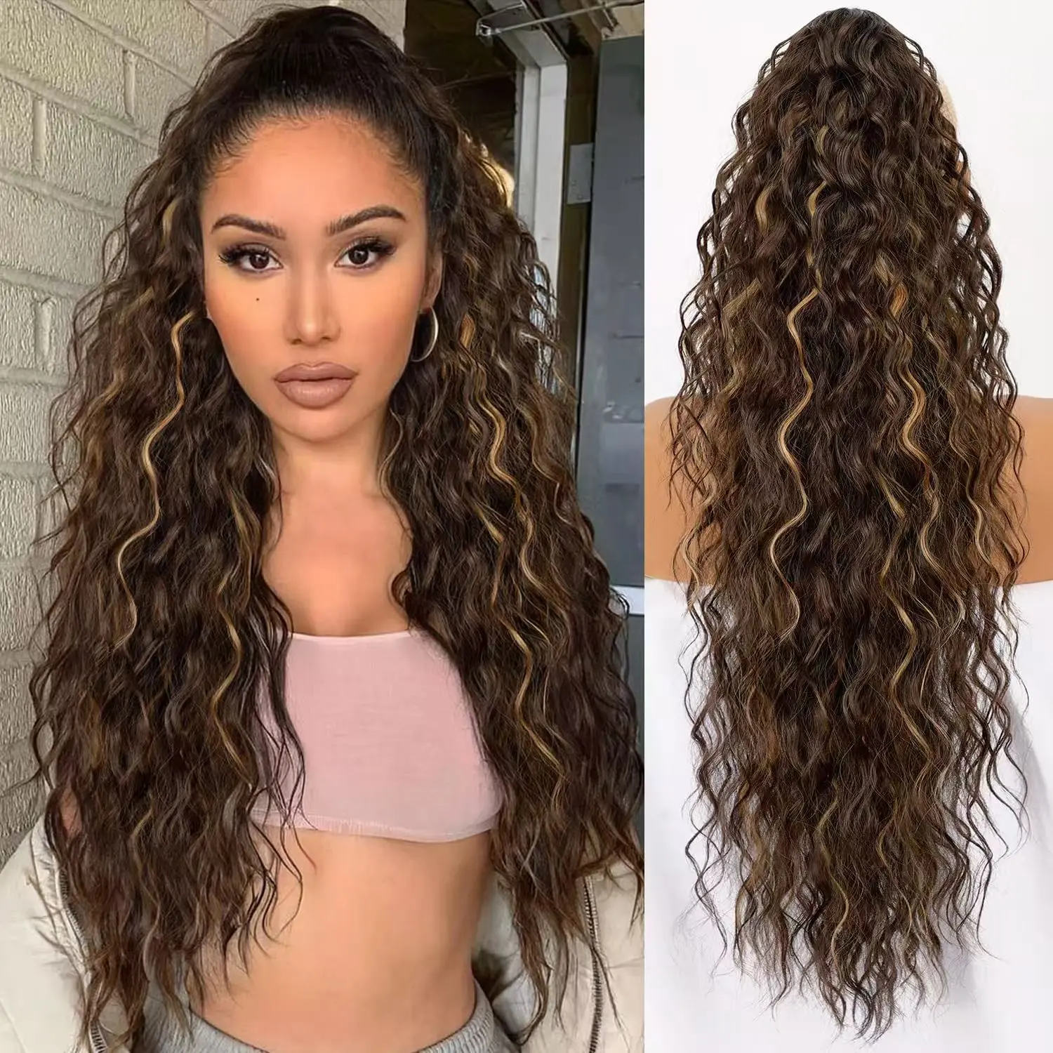 30 Inch Claw Clip Ponytail Extension, Curly Wavy Synthetic Hair Extension, Chocolate Brown with Highlights Long Hairpiece for Women Length Enhancement