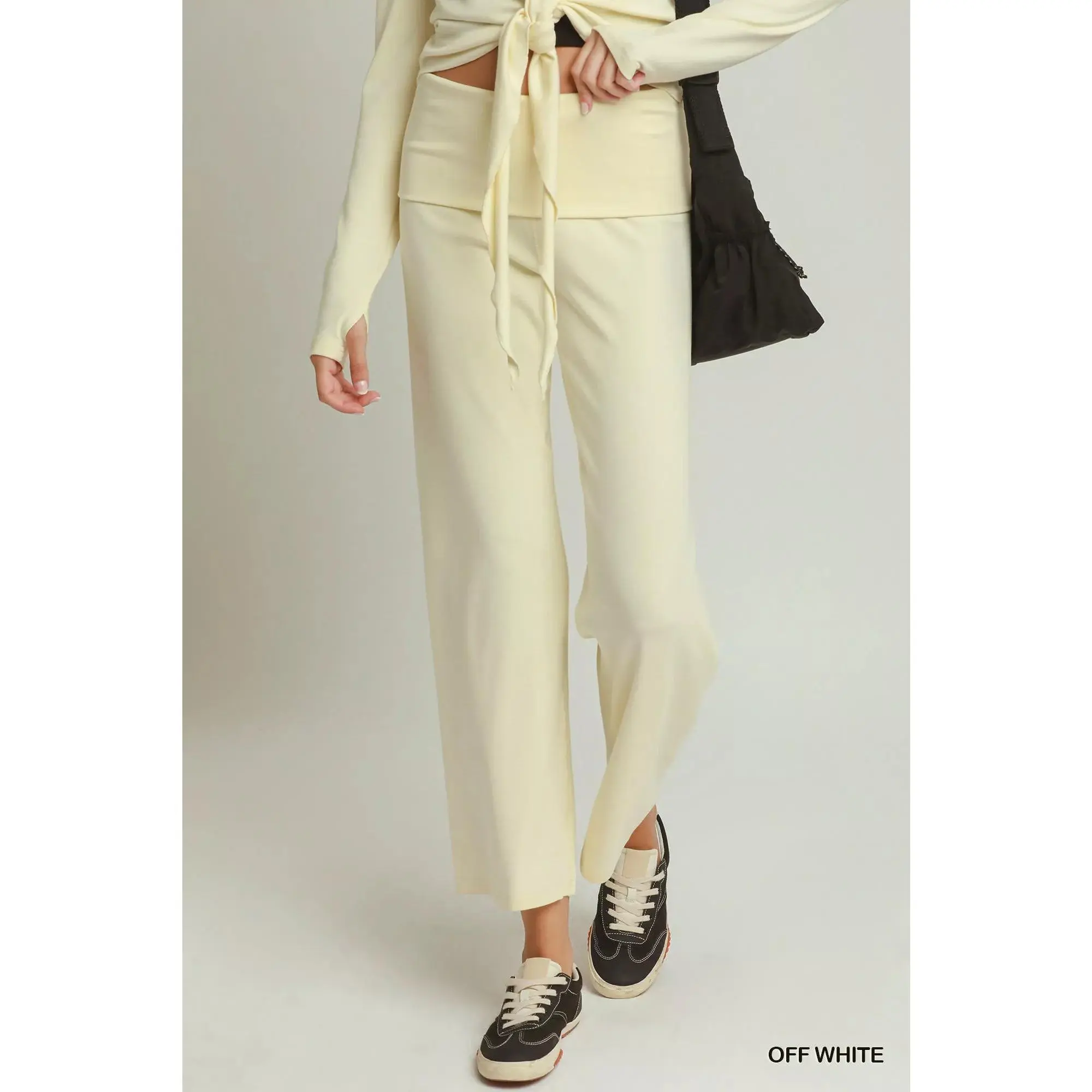 Umgee Cotton Viscose Folded Waistband Straight Leg Pants