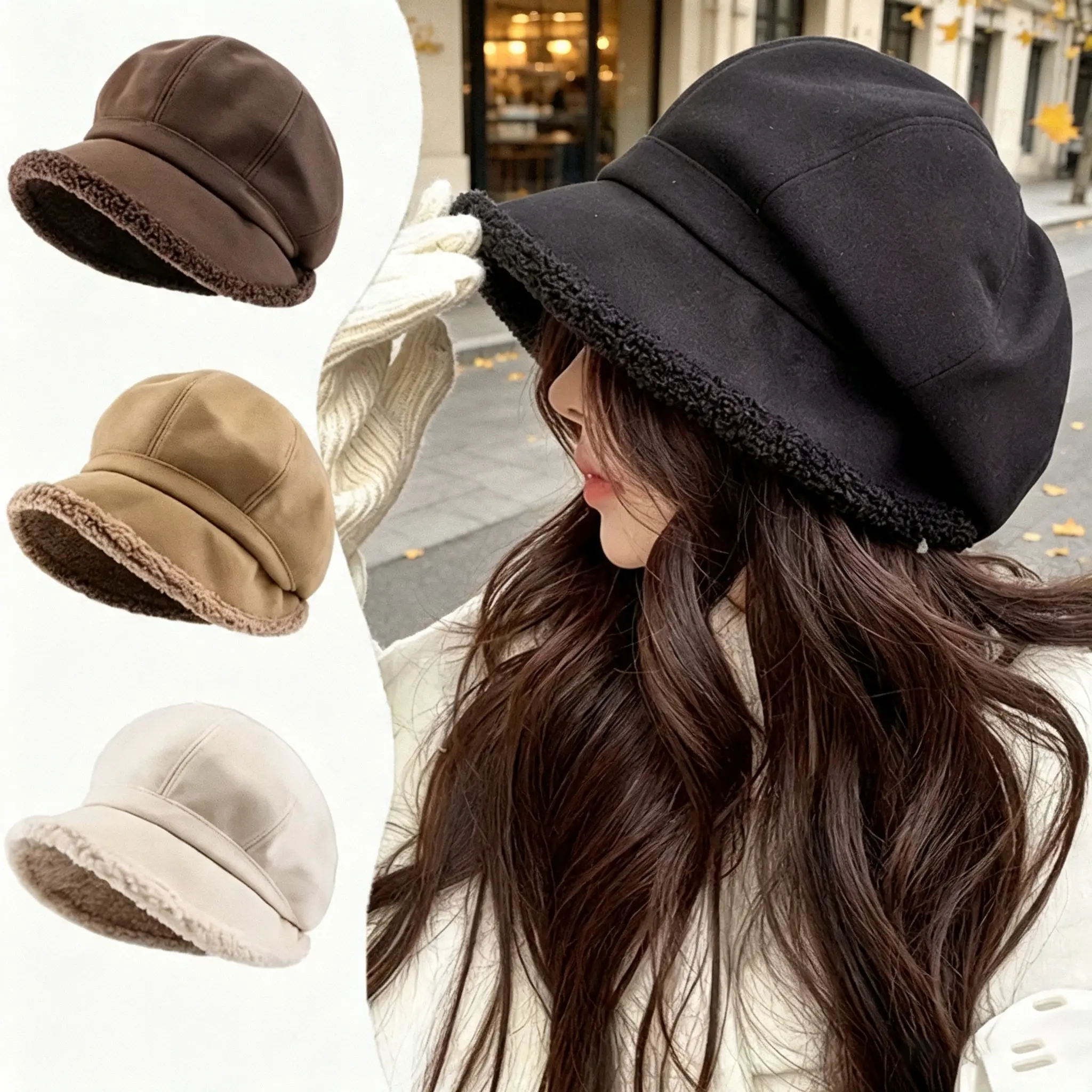Women's autumn/winter fisherman's hat, fleece-lined, Japanese style, warm, ear-covered, bucket hat, lamb wool, octagonal beret, wide brim.