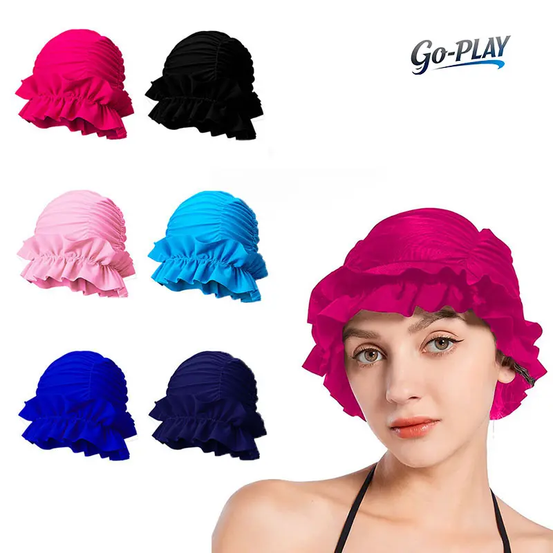 Ruffled Swimming Cap For Women Girls Long Hair, Ear Protection High Stretch Retro Swim Hat, Non Waterproof Comfortable Swimming Cap For Pool Shower Beach Daily Use
