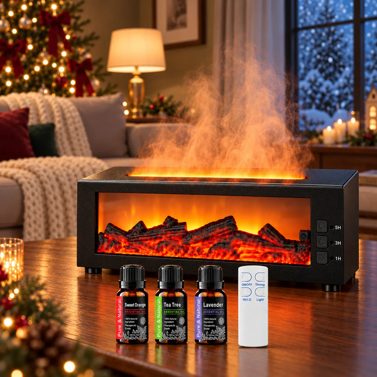 5-in-1 Ultrasonic Air Humidifier & Essential Oil Diffuser with Flame Effect Night Light – Aromatherapy for Home, Bedroom, Office