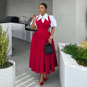 Holiday Break Outfit for Women - Red Dress with White Collar and Skirt, Summer Vacation Party Wear, Comfortable Summer Wear - Clothes, Suits, Womenswear, Top Casual Chic