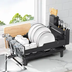 Dish Drying Rack for Kitchen Counter, Countertop Dish Rack with Drainboard, Multifunctional Dish Drainer with Cups Holder &  Board,  Plate Storage Rack with Cutlery Holder, Black