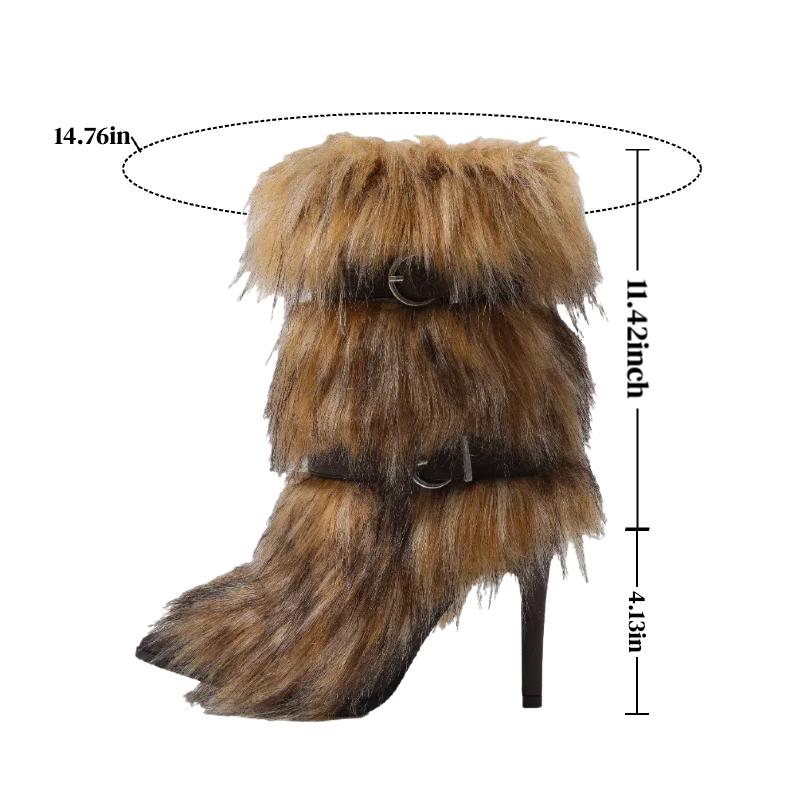 Women's Warm Winter Snow Stilettos Boots Mid-Calf Pointed Toe Furry High Heeled Christmas Holiday Boots Brown Fashionable Walking Shoe