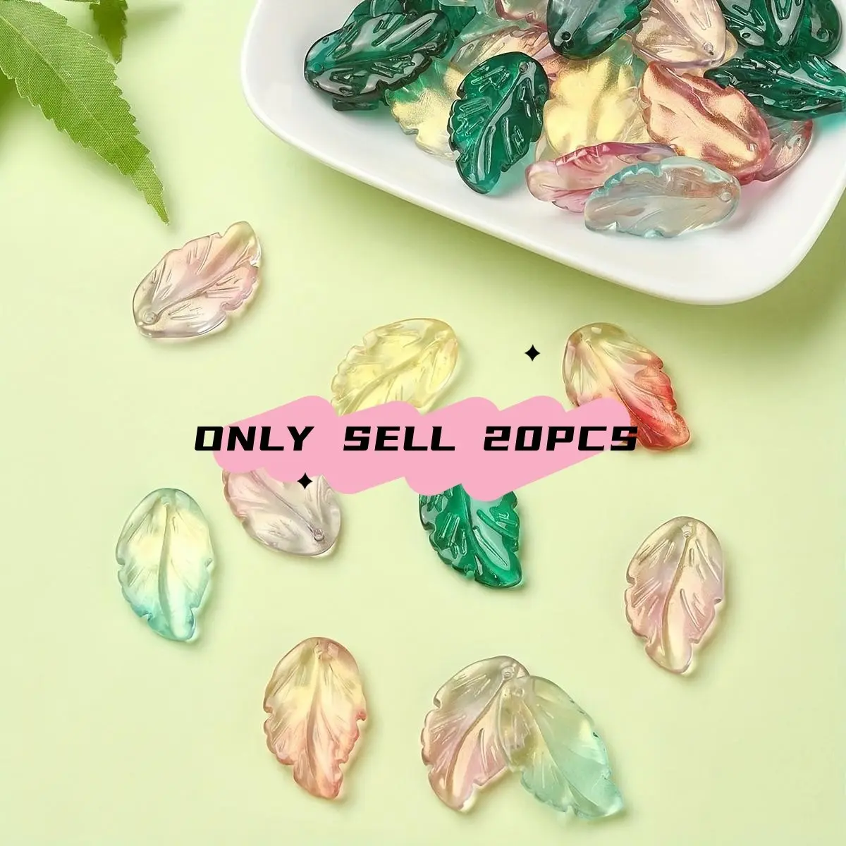 20 Colorful Transparent Glass Feather and Leaf Pendants, Fashionable Charms for DIY Jewelry Making, Vibrant Accessories for Earrings, Bracelets, and Necklaces, Fashionable Accessory