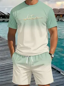 Light green and white gradient fresh minimalist casual printed 3D digital printed two-piece set, 2Pcs, trendy fashion suit, trendy retro casual two-piece outfit, vacation-style trendy wear, breathable sports casual style, an ideal holiday gift for men