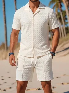 Men's Casual Outfit Camp Collar Chevron Textured Shirt & Drawstring Waist Shorts Beach Vacation Summer Outfit