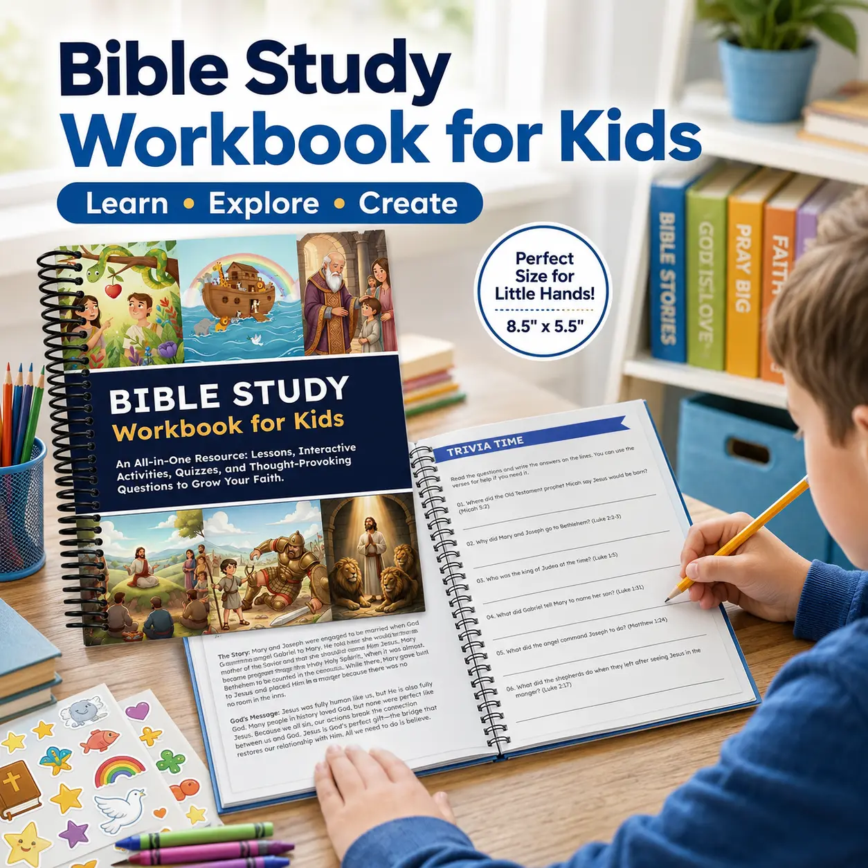 Bible Study Workbook for Kids, Christian Activity Book with Interactive Lessons, Activities, Quizzes and Questions, Spiral Bound Educational Workbook for Children, Homeschool Learning Resource, Sunday School Activities, Family Learning and Screen Free Fun