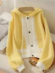 Women's Plus Size Fashion Patchwork Colorblock Hooded Knitted Sweater, Loose Fit Spring Autumn Casual Outerwear, Comfortable Commuter Jacket