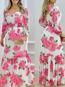 Vintage Rose Large Flower Floral Elastic Waist Vacation Style Ankle Length Dress, Elegant Summer Fashion, Women's Casual Wear, Womenswear, Elegance