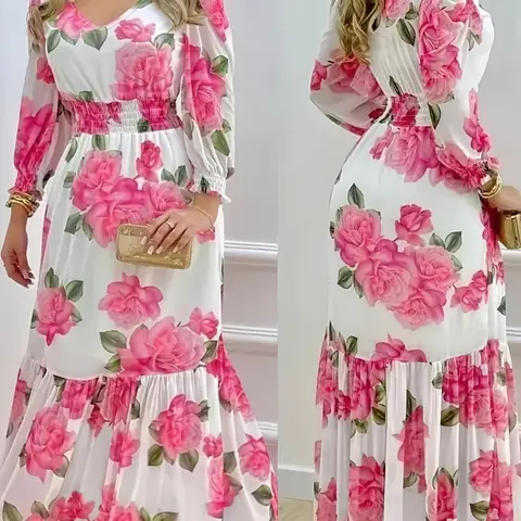 Vintage Rose Large Flower Elastic Waist Vacation Style Ankle Length Dress, Floral, Bohemian Dress, Elegant Summer Fashion, Women's Casual Wear, Womenswear