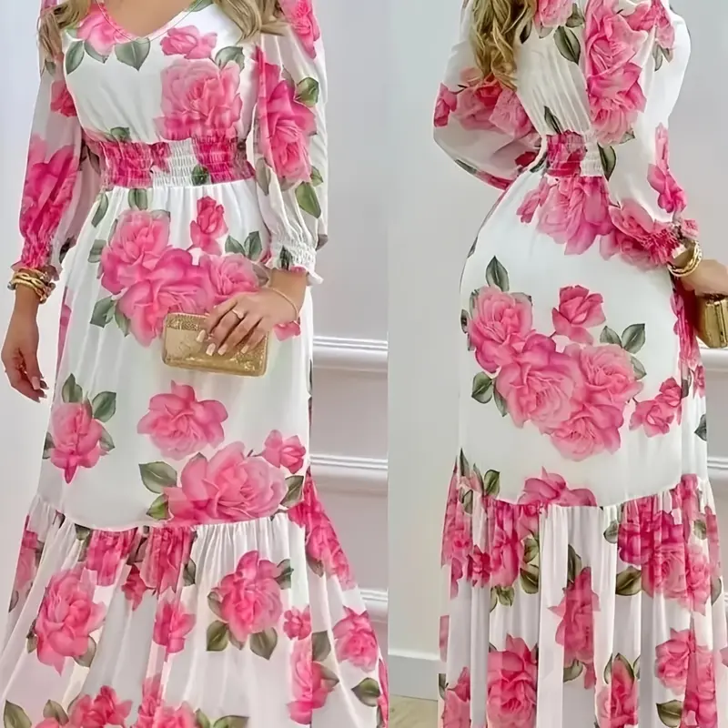 Vintage Rose Large Flower Elastic Waist Vacation Style Ankle Length Dress, Floral, Bohemian Dress, Elegant Summer Fashion, Women's Casual Wear, Womenswear