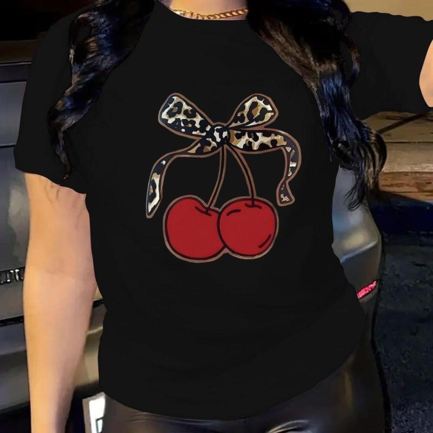 Cherry Bow Print Women's T-Shirt Casual Crew Neck Vintage Graphic Unisex Summer Streetwear