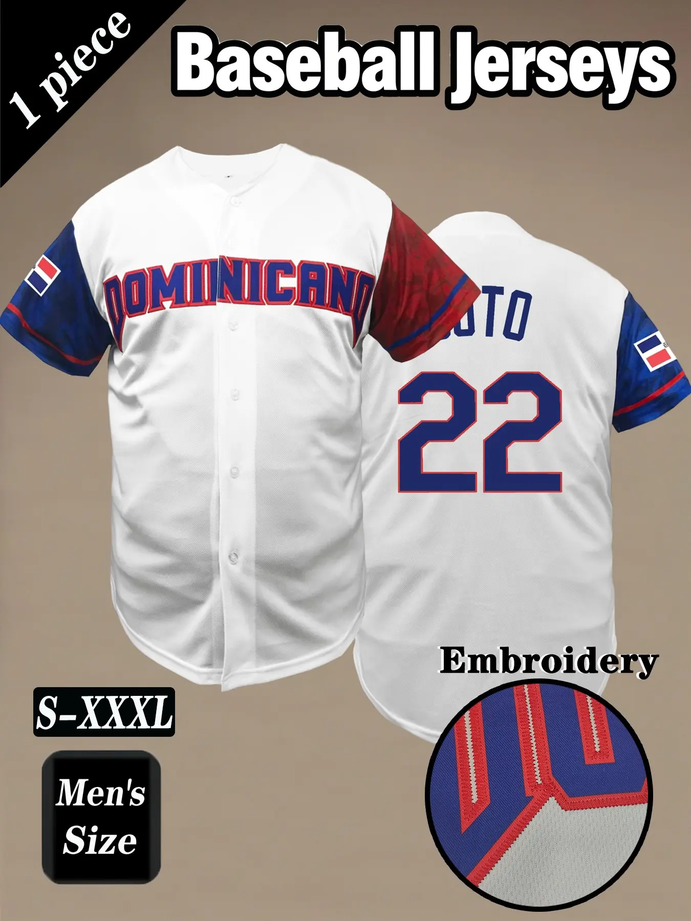 Dominican #22 Baseball Jersey with Embroidery, Short Sleeve V-Neck for Casual Wear, Perfect for Outdoor Sports & Gifts, Embroidered Baseball Jersey