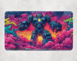 Graffiti Mech Playmat Neon Giant Robot MTG Mat with Spray Paint Wall Urban Sci-Fi Battle TCG Mat Bright Core Smash Playmat 24x14 inch