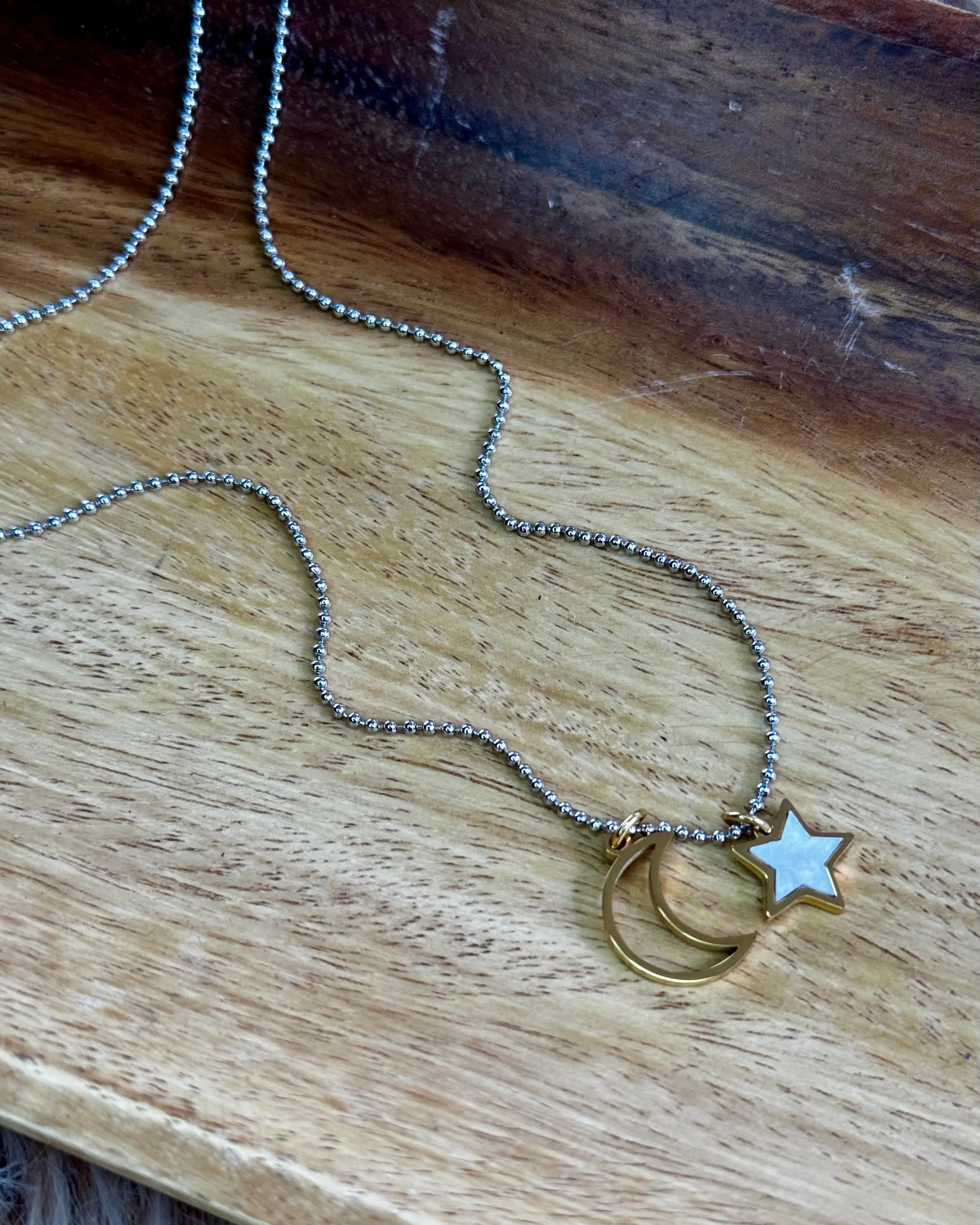 Celestial Moon & Star Necklace – 16" Gold Stainless Steel