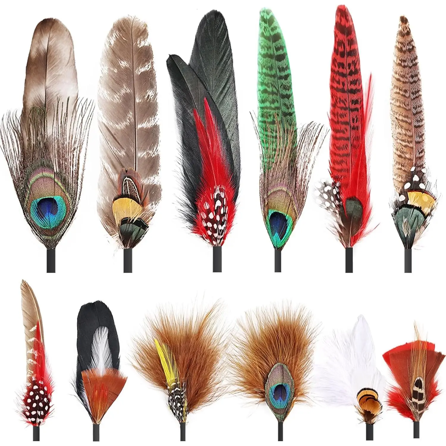 Unisex 12pcs-03 Hat Feather Pins, 4 Inches to 6 Inches Varied Sizes Colorful Real Feathers for DIY Crafts, Cowboy & Fedora Hats (12 Styles)