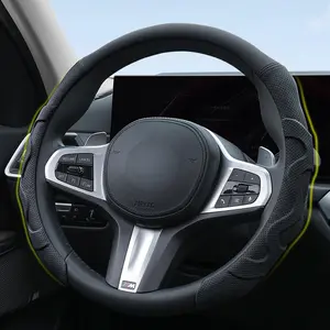 Nappa Leather Car Steering Wheel Cover, Classic Black Non-Slip Leather Steering Wheel Wrap, Car Interior Cover Universal Fits Most Car 14.5-15 inches