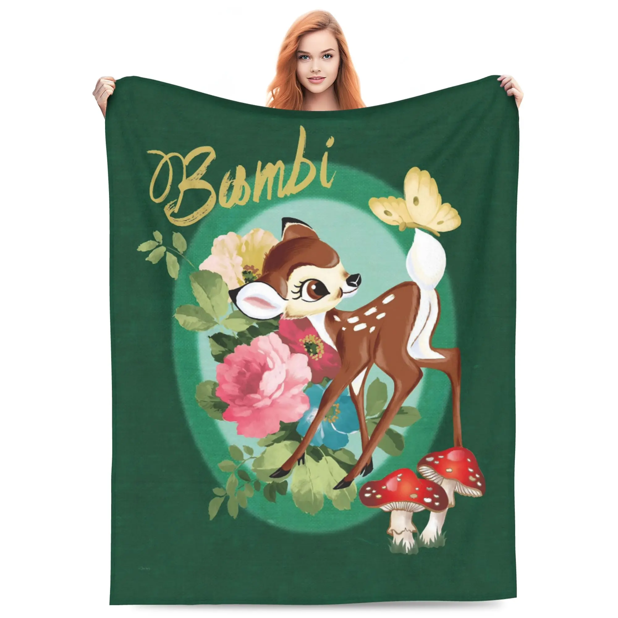 DISNEY CLASSIC Soft Flannel Throw Blanket Bambi Cute Deer Floral Mushroom Butterfly Cartoon Print Lightweight Cozy Fleece Blanket, Dark Green Forest Vintage Pattern Warm Decor Blanket for Sofa Couch Bed Camping Kids Girls Women Birthday Holiday Gift
