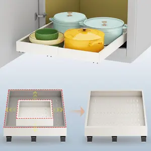 Pull out Cabinet Organizer,Expandable Width(15"-21"),Depth(17"-24") with 3 Rails,Roll out Drawers,No Drill Adjustable Slide out Shelves for Kitchen,Pantry,for Both Lip and Lip-Free Cabinets,White(1PC)