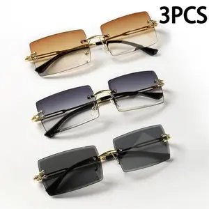 3 Pack Rimless Rectangle Sunglasses for Women & Men, Trendy Y2K Small Frame Sun Glasses, Lightweight Fashion Shades for Summer Travel, Beach, Streetwear & Everyday Wear