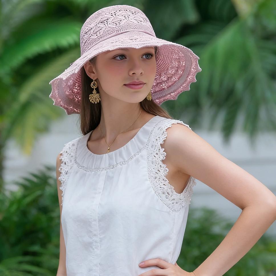Handmade Breathable Crochet Sun Hat with Wide Ruffled Brim - Luxury Lace Embroidery Summer Hat - UPF 50+ Sun Shade Cap for Women - Lightweight Foldable Cotton Straw Hat for Gardening, Beach & Cruise