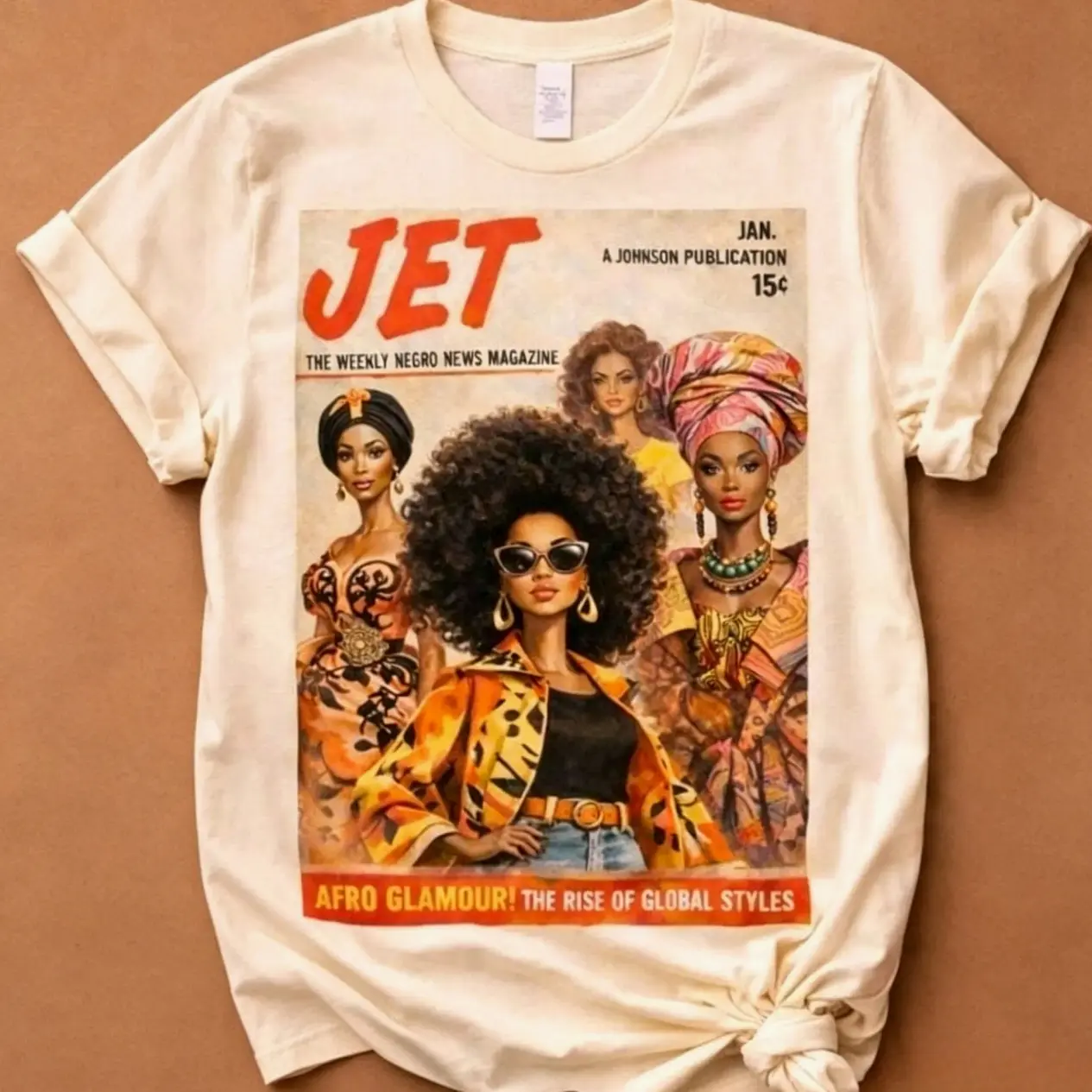 Women's Casual Short-Sleeve Breathable Comfortable Cotton Afrocentric Vintage Magazine Graphic T-Shirt, Everyday Women's Top, Glamour Fall Art Tee Gift, Tops, Shortsleeve