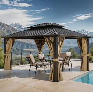 DWVO 10x12ft Outdoor Gazebo Canopy Hardtop Double Roof Steel Tent Mesh Curtains