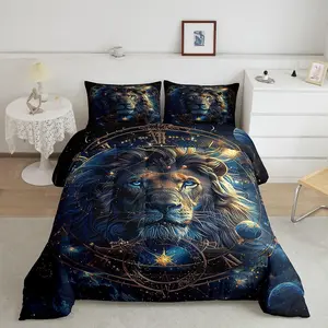 Lion Comforter Set,Leo Constellations Astrology Zodiac Golden Glitter Bedding Set for Teens Adults,Wild Animal Starry Galaxy Down Comforter,Golden Blue outdoorfun