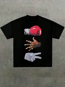 Men's Vintage Boxing & Hip Hop Graphic T-Shirt, Retro Streetwear Oversized Short Sleeve Tee
