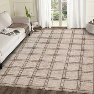 Washable Checkered Living Room Area Rugs, Indoor Modern Geometric Bedroom Rugs with Non Slip Back, Soft Low Pile Plaid Large Throw Carpet for Dining Room Ultra Thin Textured Floor Rugs for Farmhouse Home Office