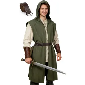 Mens Renaissance Costume Hooded Surcoat Medieval Sleeveless Tunic Cloak Viking Costume Holloween LARP Assassin Cosplay