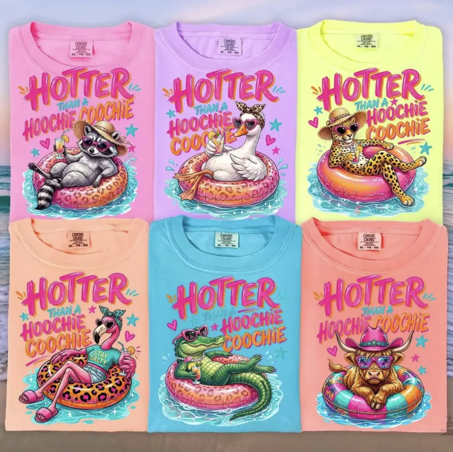 Hotter Than A Hoochie Coochie Comfort Colors Shirt, Raccoon Duck Flamingo Alligator Cowgirl Summer Tee, Trendy Lake Day Vacation Apparel, Gift For Women