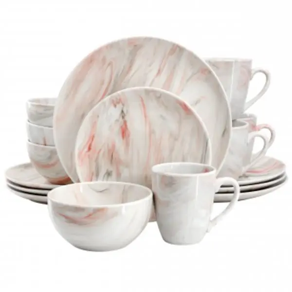 Elama 16-Piece Fine Marble Porcelain Dinnerware Set - Red & Gray with Marble Swirls, Elegant Everyday Use Tableware for Elegant Dinner Sets