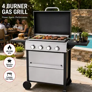 4 Burner Propane Gas BBQ Grill 49200 BTU Output Stainless Steel Plancha Griddle Wire Enamel Cooking Grids Outdoor Barbecue Stove with Foldable Side Table Hanging Condiment Basket Back Yard Party Cooking