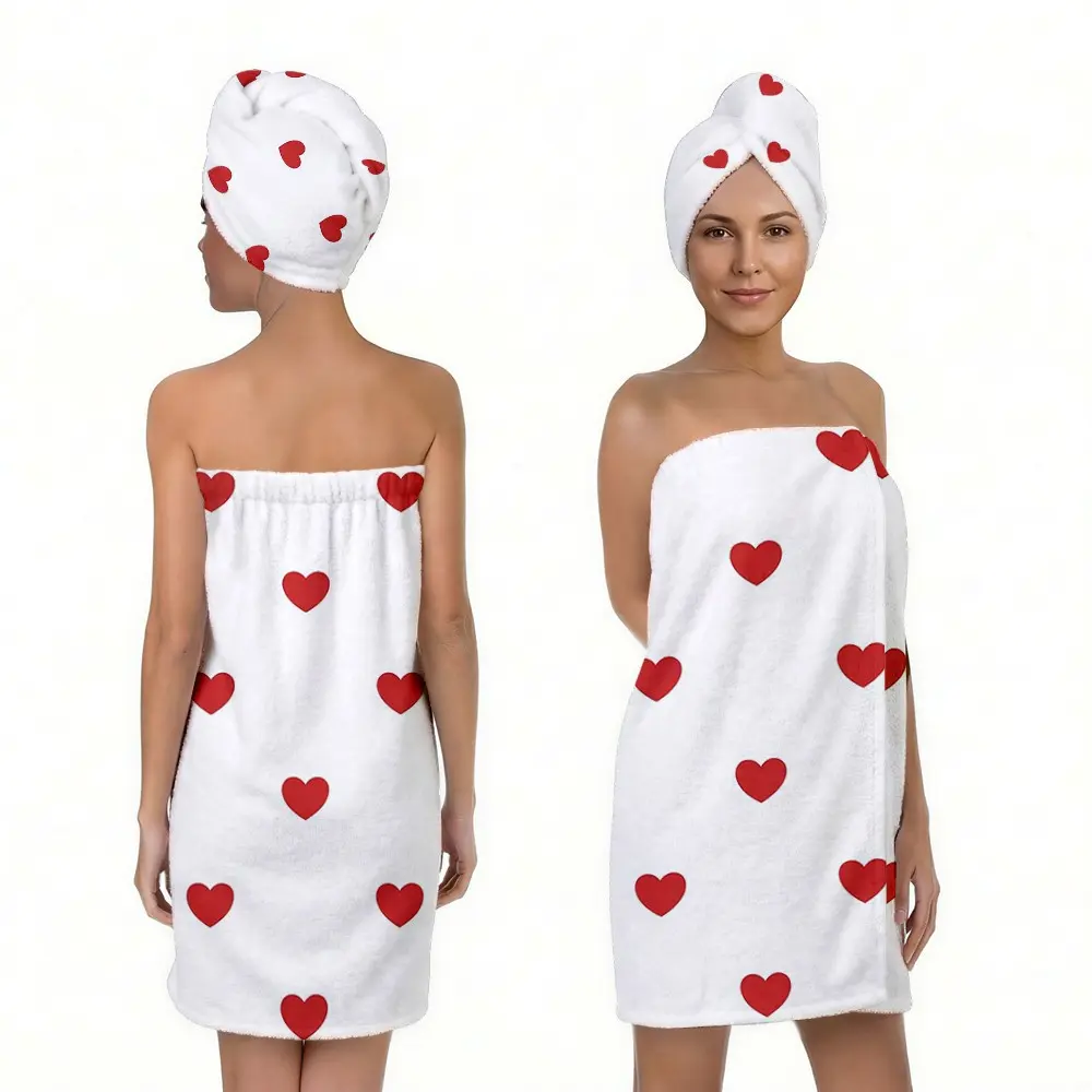 2pcs Heart Pattern Bath Towel Set, Adjustable Bath and Hair Dryer Towels, Super Absorbent Microfiber, Multi-Use for Home, Gym, Beach, Travel