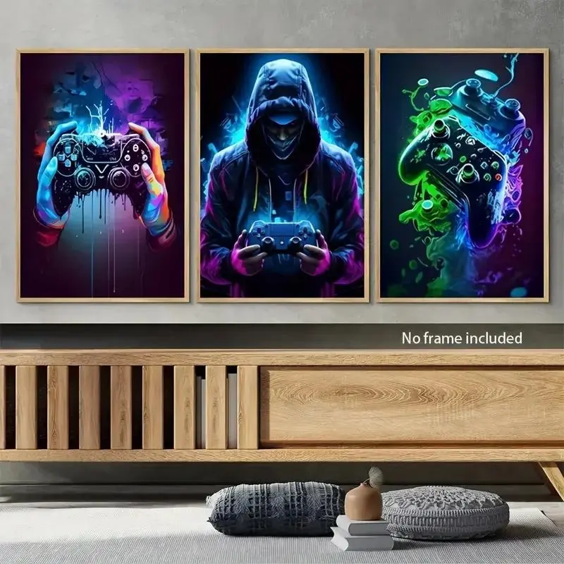 3-Piece Set, Cool Gaming Wall Art, Retro Video Game Watercolor Posters, Colorful Fluorescent Controller Canvas Prints, Boys' & Kids' Room Decor, Frameless Canvas Prints, 2D Flat Art, Modern Art Design, Graphic Prints