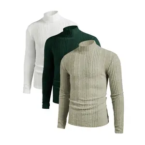 Men’s mock-neck pullover sweater set featuring a plain long-sleeve T-shirt; slim-fit casual and formal wear for autumn and winter fashion
