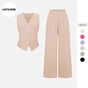 KatchMe Women's Classy Plain V Neck Button-Up Tank Top & High Waist Trousers Co-ord, Leisure Summer Sets, Versatile Two-Piece Outfits