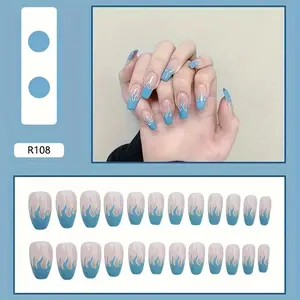 24pcs Blue Flame Press On Nails - Medium Coffin Fake Nails - Full Cover Stick On False Nails For Women Girls